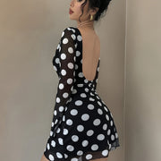 Elegant Women's Polka Dot Backless Mesh Mini Dress with Flare Sleeves - Black & White, Form-Fitting, Polyester & Elastane, Perfect for Spring & Autumn, Casual Elegance | Flare Sleeve Dress | Knit Construction, Cute Dresses