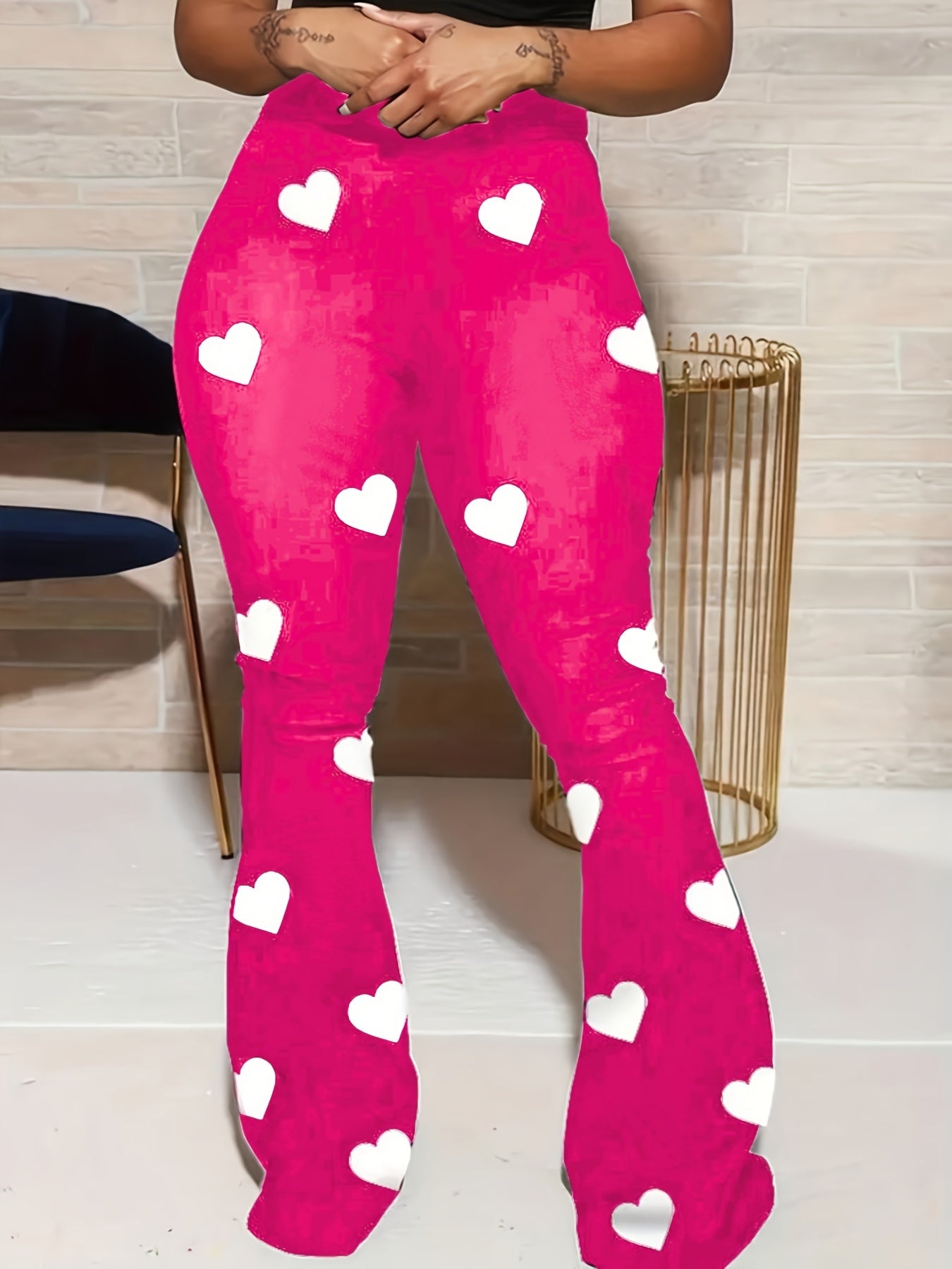 Stylish Heart Print Flare Leg Pants - High Waist, Casual, Versatile, Comfortable, and Chic Womens Clothing for Spring and Summer - Perfect for Daily Wear, Outdoor Activities, and Travel