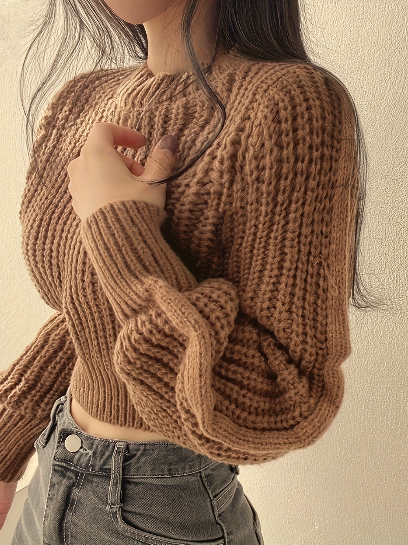 Cozy Crew Neck Crop Sweater - Women's Casual Long Sleeve Knitwear for Fall & Winter - Soft, Warm, and Comfortable Clothing for Everyday Wear
