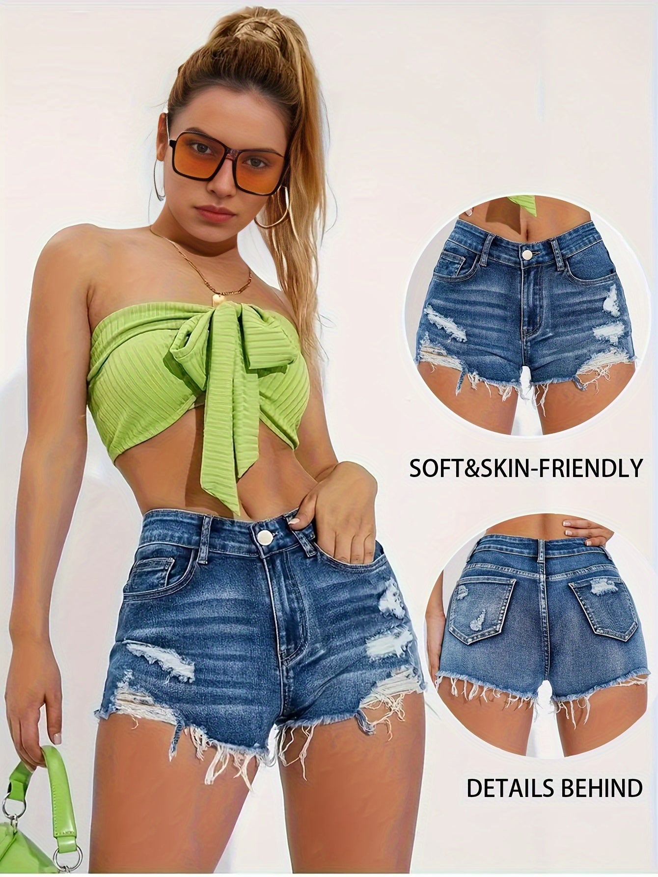 Women's Distressed Denim Shorts, High-Waisted Ripped Hem, Slash Pockets, Mid-Stretch Washed Blue Jean Shorts - Elegant Summer Casual Wear, Spring Fashion Shorts | Frayed Edge Denim | Stylish Distressed Details, High Waisted S