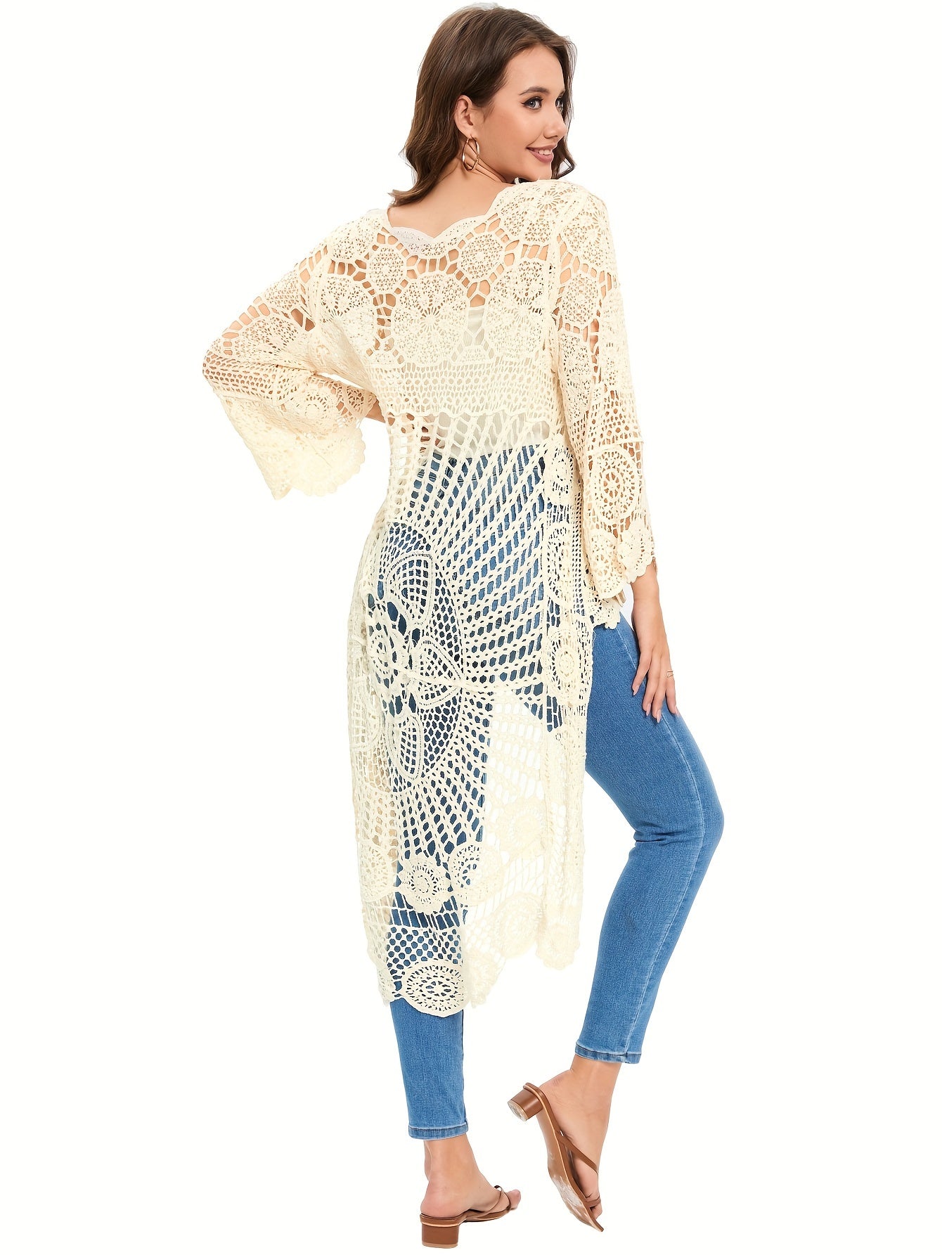 Women's Elegant Crochet Floral Pattern Cover-Up, Bohemian Style Long Sleeve Round Neck High-Low Hem Beach Tunic, Swimwear And Resort Wear For Women