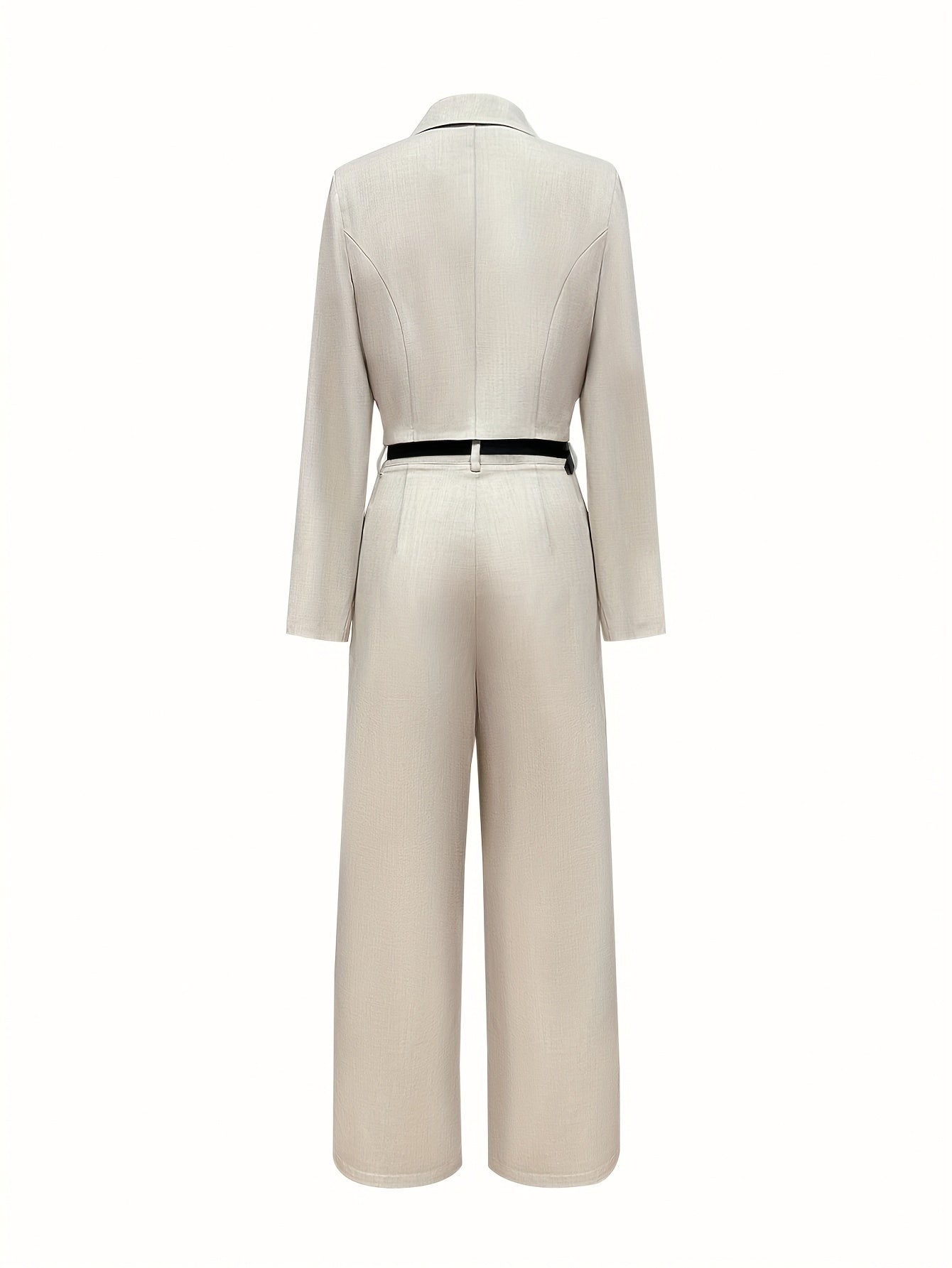 Elegant Two-Piece Long Sleeve Suit - Beige Polyester, Double-Breasted Blazer with Wide Lapels & High-Waisted Flared Pants, Stylish Accessory Bag, Perfect for Fall/Winter, Stylish Workwear | Elegant Two-Tone Suit | Polyester F