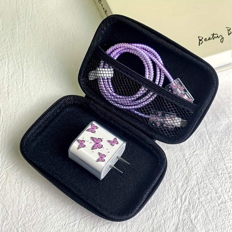 5pcs Purple Butterfly Charger Covers, TPU Protective Cases for iPhone 14 Pro Max, 13/12/11, 18/20W Fast Charging, Cord Wrapping, Anti-Breakage, Gift for Boyfriend/Girlfriend, Phone Accessories