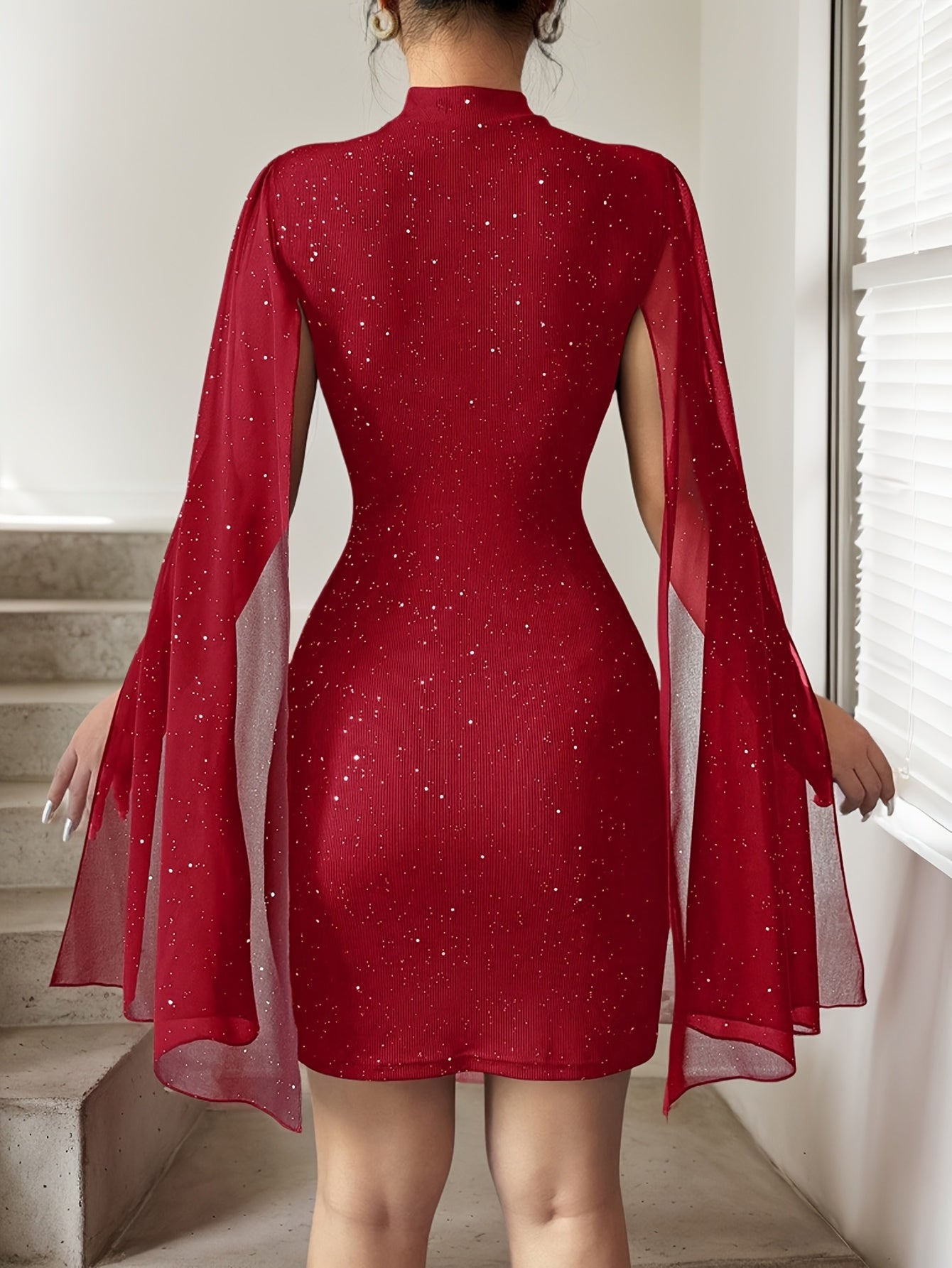 Elegant Red Glittery High-Neck Dress for Women - Long Sleeve, Sheer Mesh Overlay, Flowy Hem, Perfect for Spring & Fall, Casual Yet Stylish Formal Attire