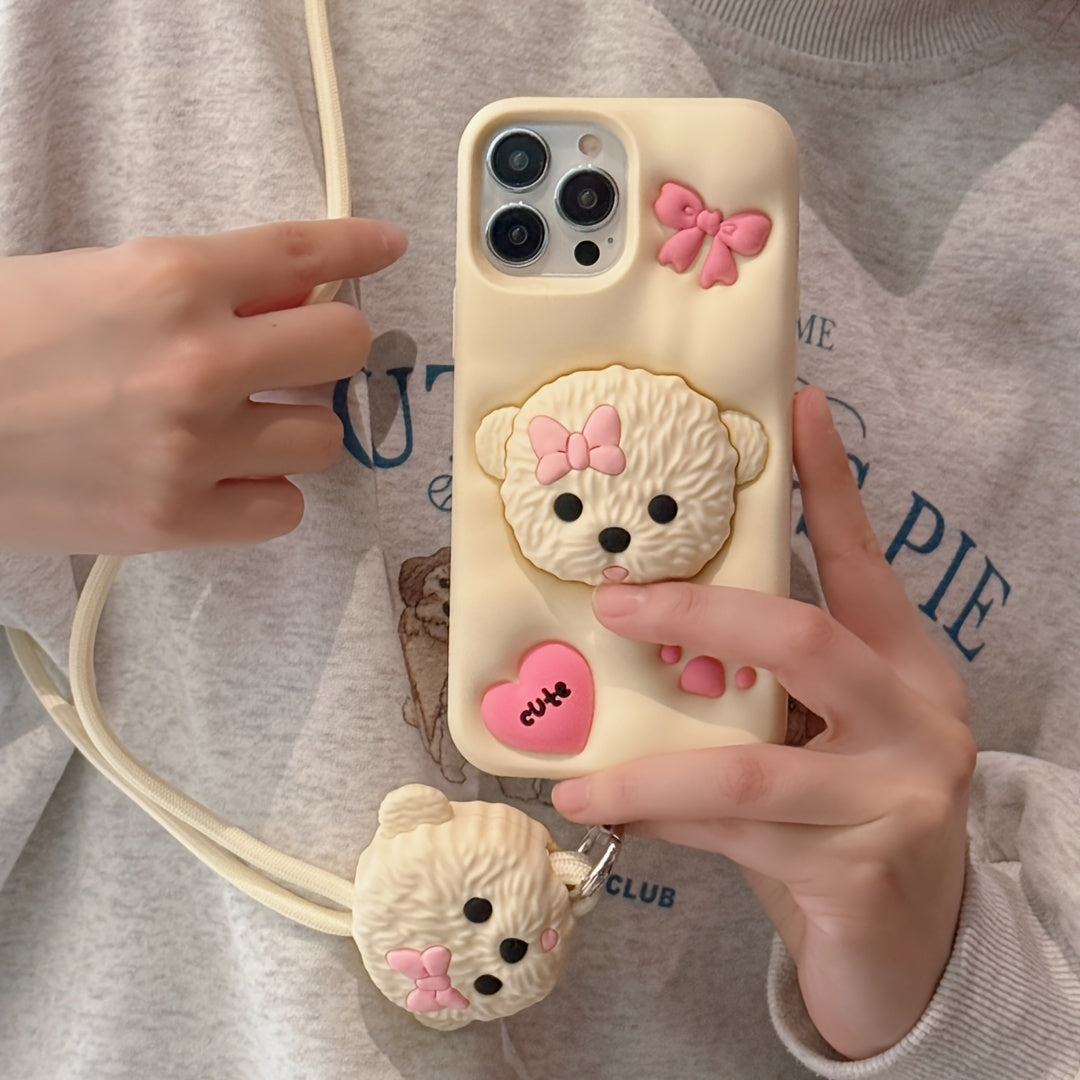3D Teddy Dog Phone Case with Extendable Holder, Silicone Shockproof Protective Cover with Sculpture Design, Air Cushion Drop Protection, Compatible with iPhone 11 12 13 14 15 Pro Max Plus - Ideal for Easter, Valentine's Day,