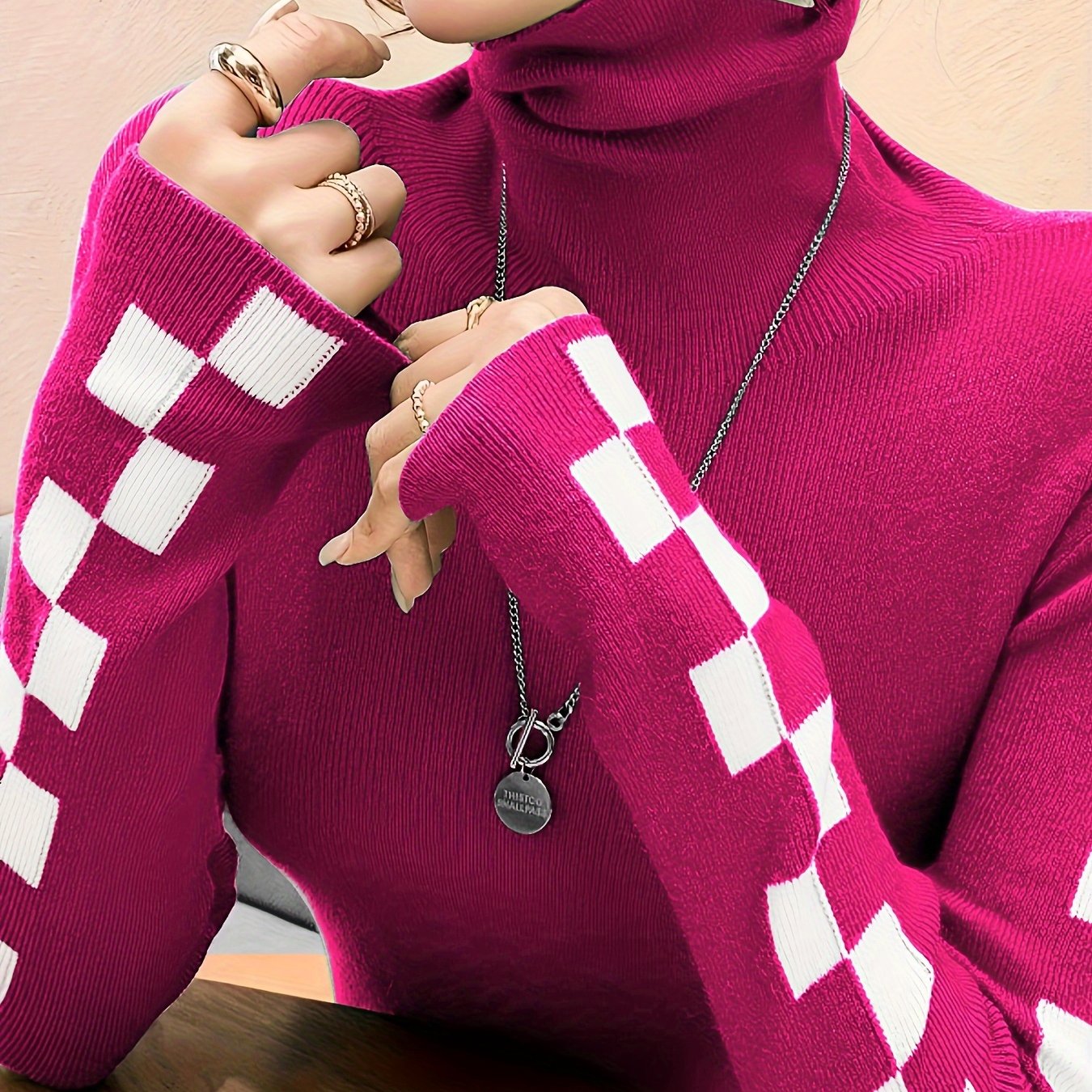 Elegant Red & White Checkered Turtleneck Sweater for Women - Slim Fit, Casual Knit Pullover with Contrasting Trim, Perfect for Fall/Winter