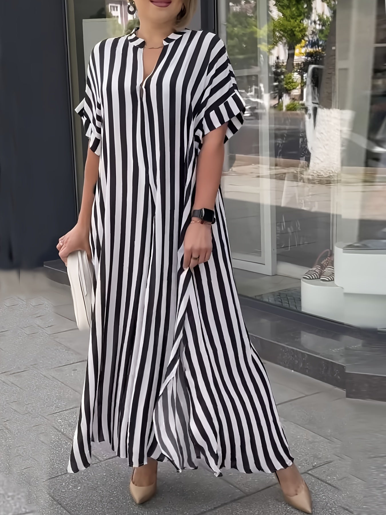 Women'S Plus Size Black & White Striped Shirt Dress - Casual V-Neck, Short Sleeve, Mid-Length with Chest Pocket, Loose Fit for Spring/Summer/Fall, Casual Attire|Vneck Dress|Nonpadded Dres