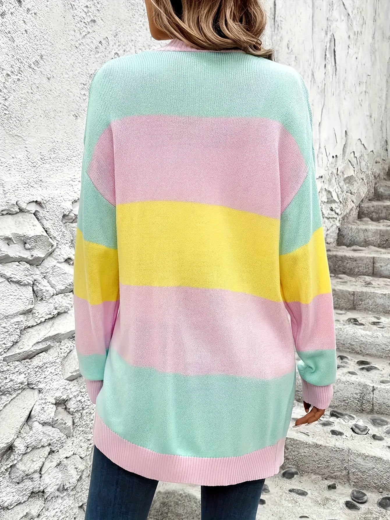 Women'S Casual Cardigan Sweater, Mid-Length, Comfortable Long Sleeves, Colorful Stripes, Perfect for Pairing with Jeans, Leggings, Trousers, Shorts, Boots, or Sneakers, Casual Fit, Striped Pattern, Ribbed Detailing