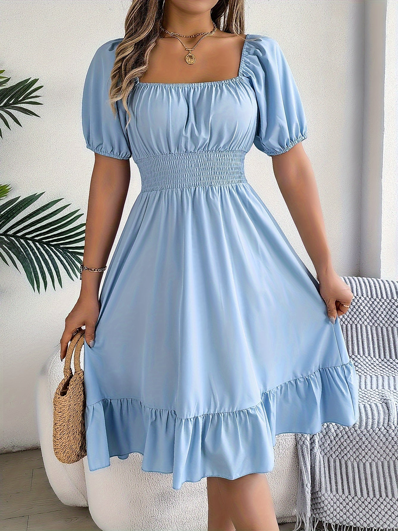 1pc Women'S Elegant Square Neck Short Sleeve A-Line Dress with Ruffle Detail, Polyester Woven Fabric, Solid Color, Spring/Summer/Autumn Collection