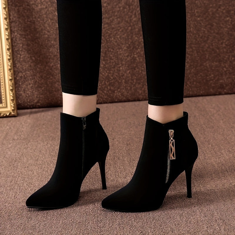 Elegant Black High-Heel Ankle Boots for Women, Pointed Toe Stiletto Dress Booties with Side Zip Closure, Comfortable Fashionable Flannel Upper for Parties, Weddings, and Everyday Wear - Fall Season