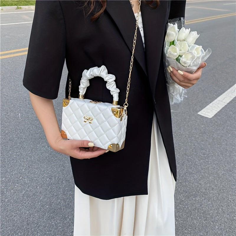 [Popular Choice] Chic Mini Boxy Crossbody Bag with Quilted Diamond Pattern and Bow Detail, Faux Leather, Available in Orange/Fuchsia/White/Green/Black, Pleated, Chain Strap, Shoulder Bag