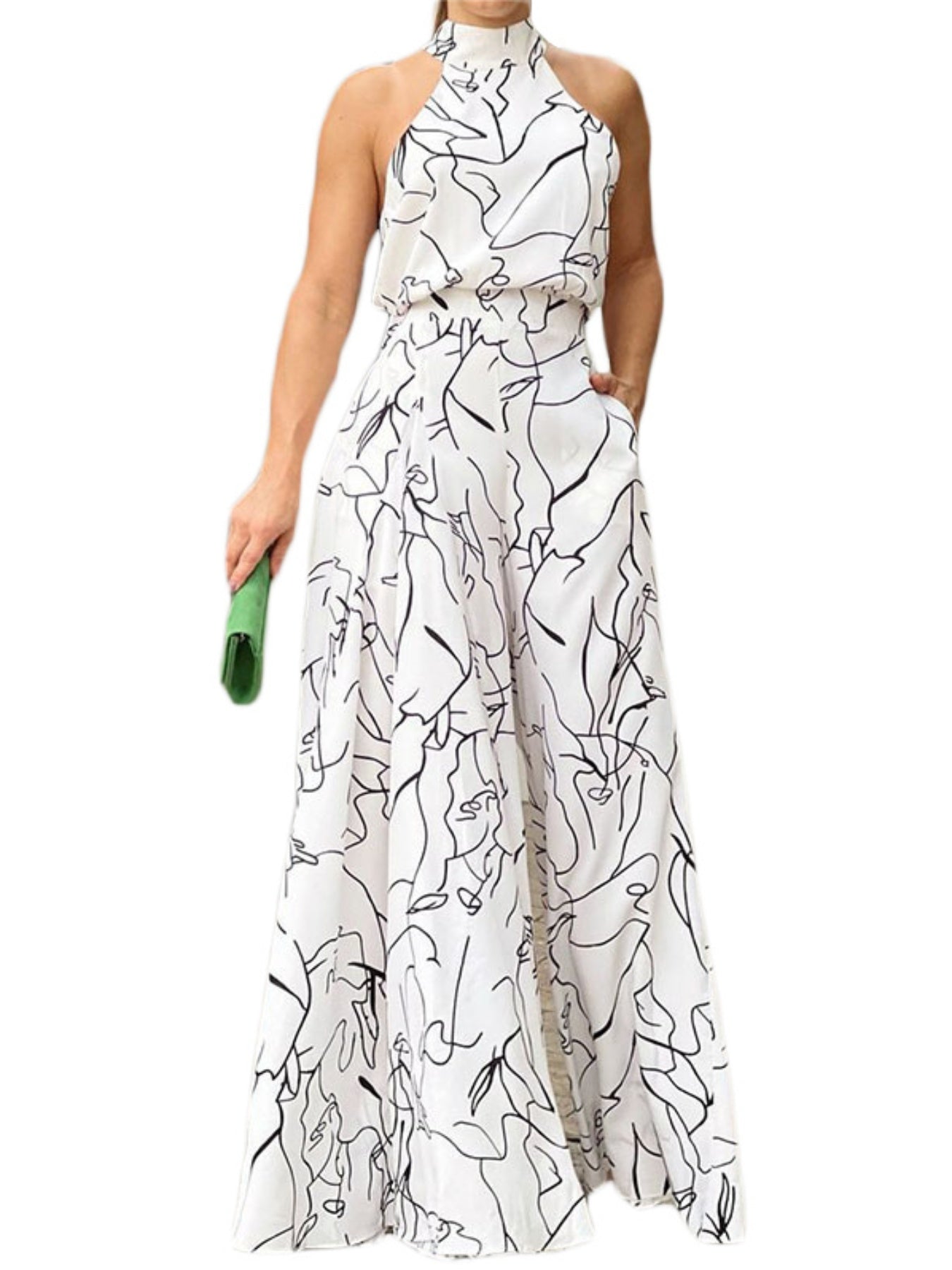Women's Elegant Sleeveless Halter Neck Wide Leg Romper Jumpsuit with Pockets - Striped Print 100% Polyester Machine Washable All-Season Casual to Formal Wear