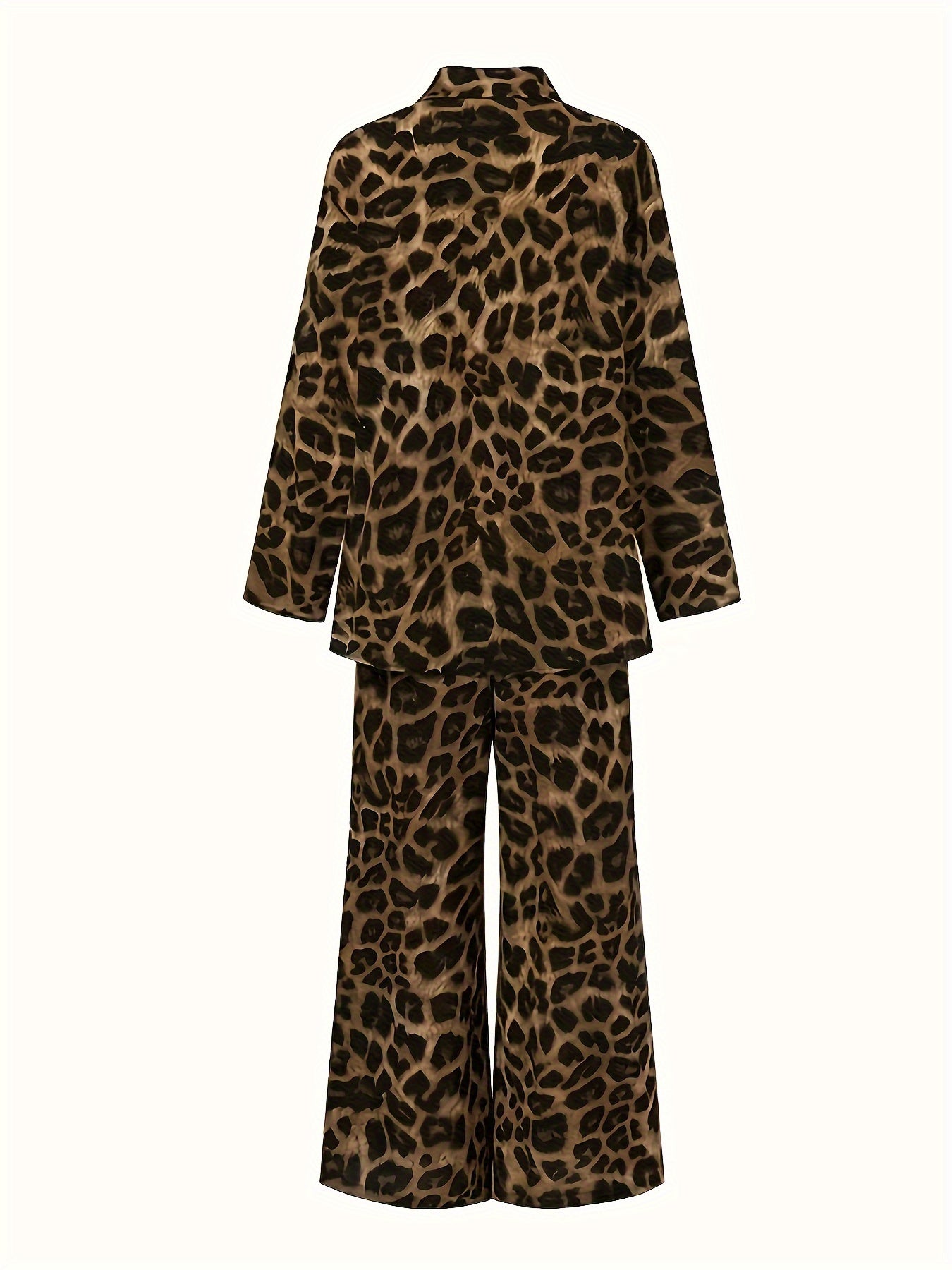 Elegant Women's Leopard Print Pantsuit Set - Spring/Fall Polyester Woven Fabric with Reversible Collar, Full-Print Design, No Detail - Stylish and Comfortable