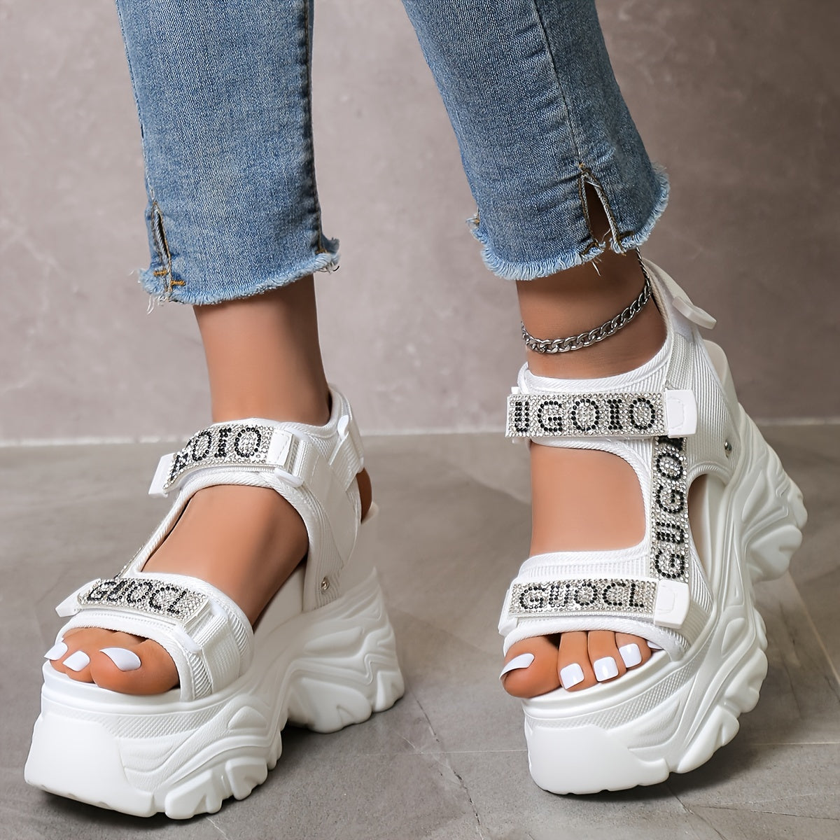 Elegant Summer 2024 Women's Black Rhinestone-Embellished High Heel Sandals - Breathable Mesh, Lightweight, Waterproof Platform with Hook-and-loop Fastener Straps, Open Toe Design for Stylish Daily Wear, Chunky Heel Sandals