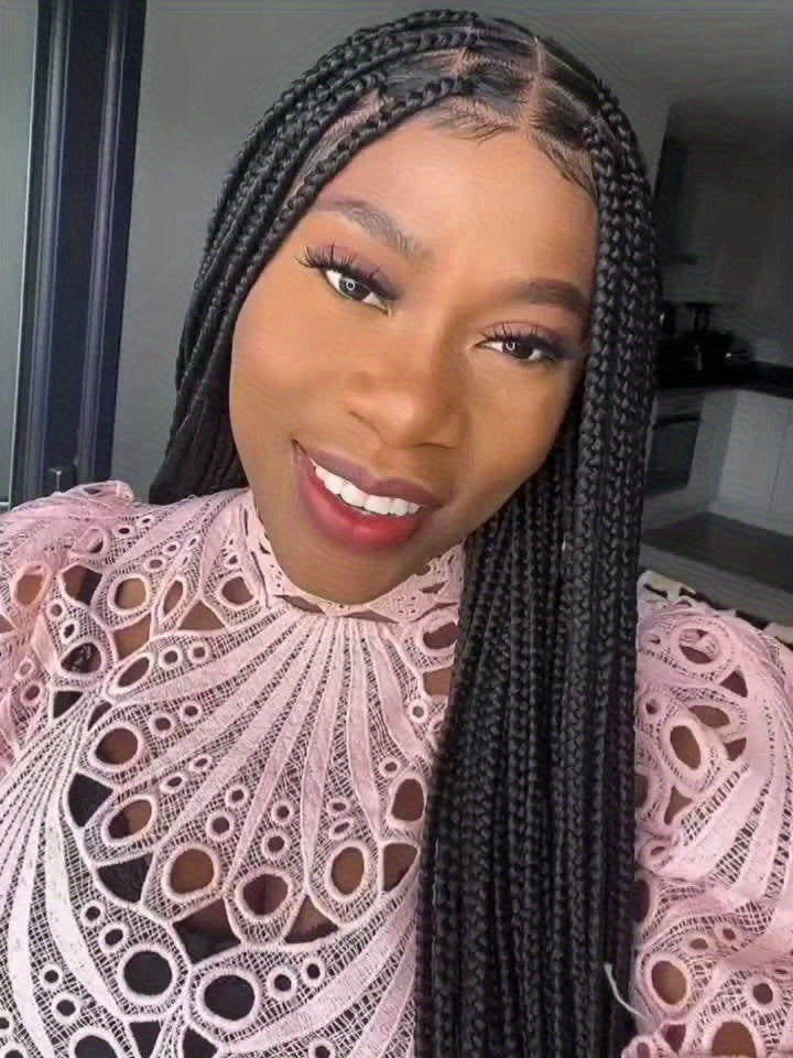 Knotless Braided Wigs Lace Front Box Braids Lace Frontal Wig For Women Synthetic Hair Blended Black Hand Full Double Lace Braid Wig With Bang, Christmas Wig