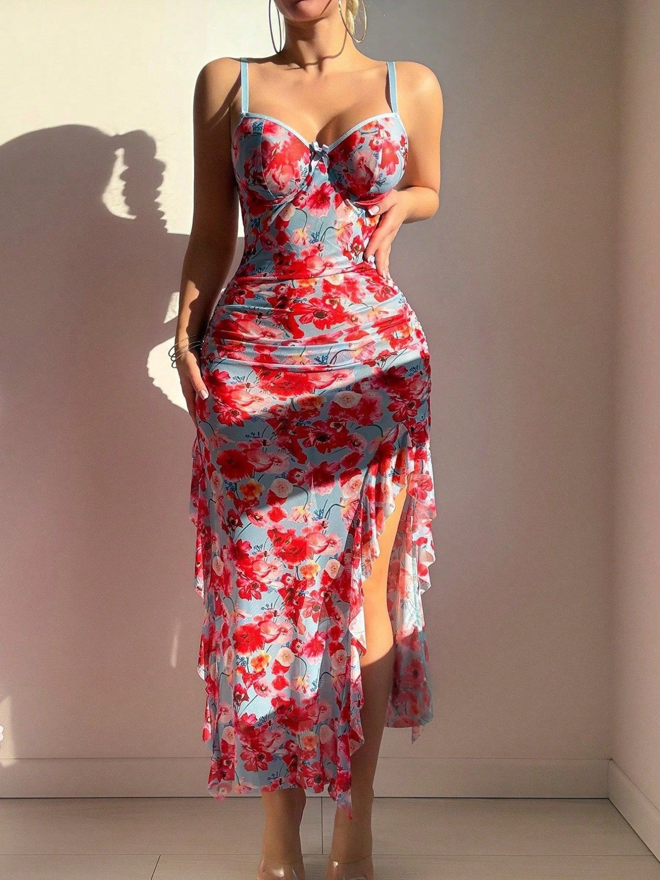 Mother'S Day Independence Day Birthday Gift: a New Casual, Elegant And Fashionable Pink Checkered Camisole Top, a New Sexy Floral Mesh See Through Ruffle Edge Split Love Nightgown Set, a Must-Have for Travel And Vacation