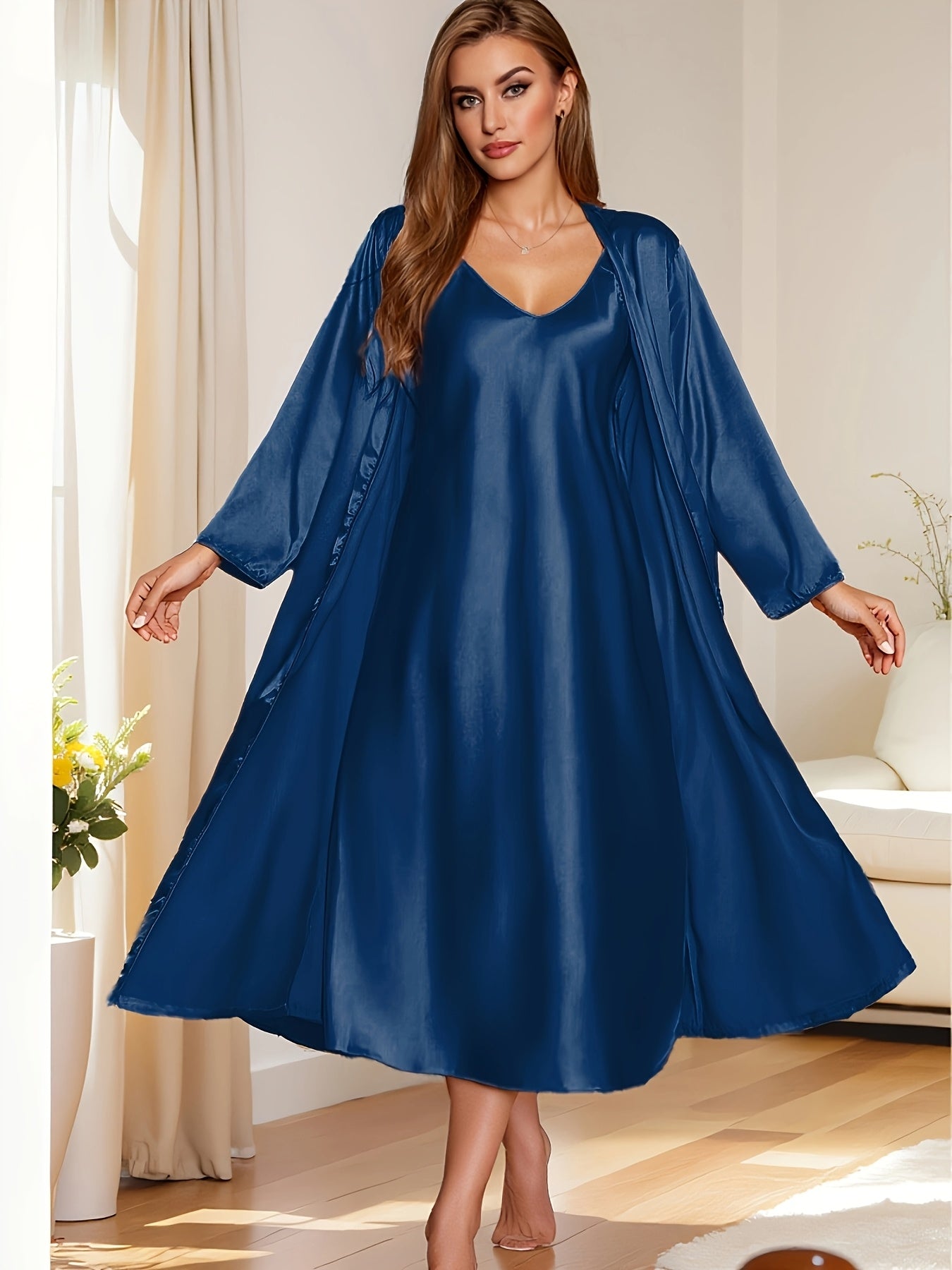 2pcs Women's Elegant V-Neck Satin Pajama Set - Smooth Polyester Fabric, 90g/m², Micro Elasticity - Autumn & Winter Comfortable Home Leisure Wear | Soft & Comfortable | Lace Up Detail