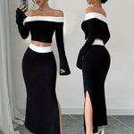 Elegant Off-Shoulder Crop Top & Side-Slit Mermaid Skirt Set - Polyester Blend, Machine Washable