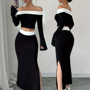 Elegant Off-Shoulder Crop Top & Side-Slit Mermaid Skirt Set - Polyester Blend, Machine Washable