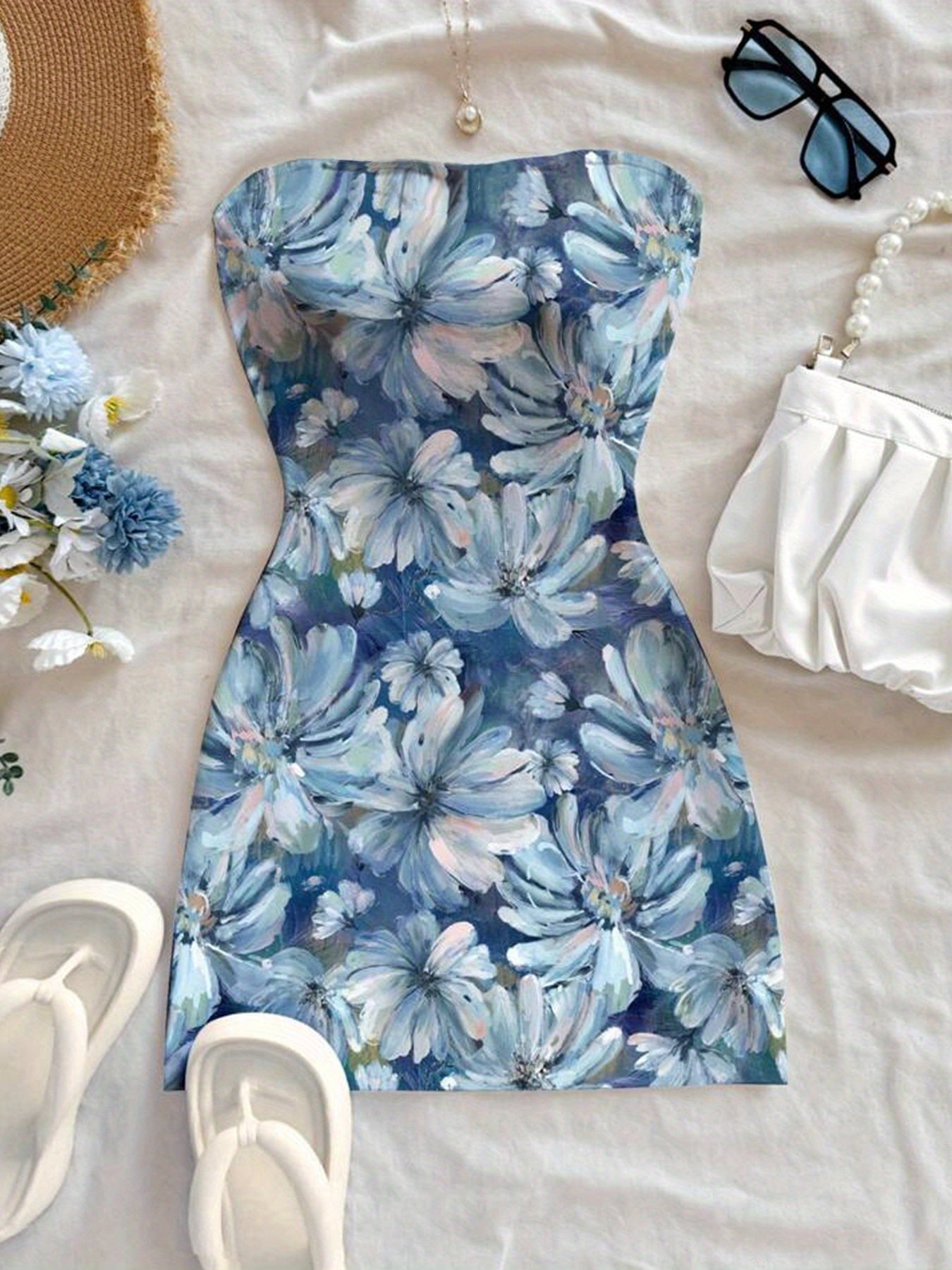 Women'S Elegant Floral Print Sleeveless Mini Dress - Blue & White Floral Design, Square Neck, A-Line Silhouette, Perfect for Summer Vacations, Beach Coverup | Aline Silhouette | Subtle Floral Prin