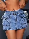 Women's Low Rise Denim Skirt Pants With Belt Buckle, Fake Covered Pocket, Front Tie Denim Skirt Pants, Women's Clothing & Denim