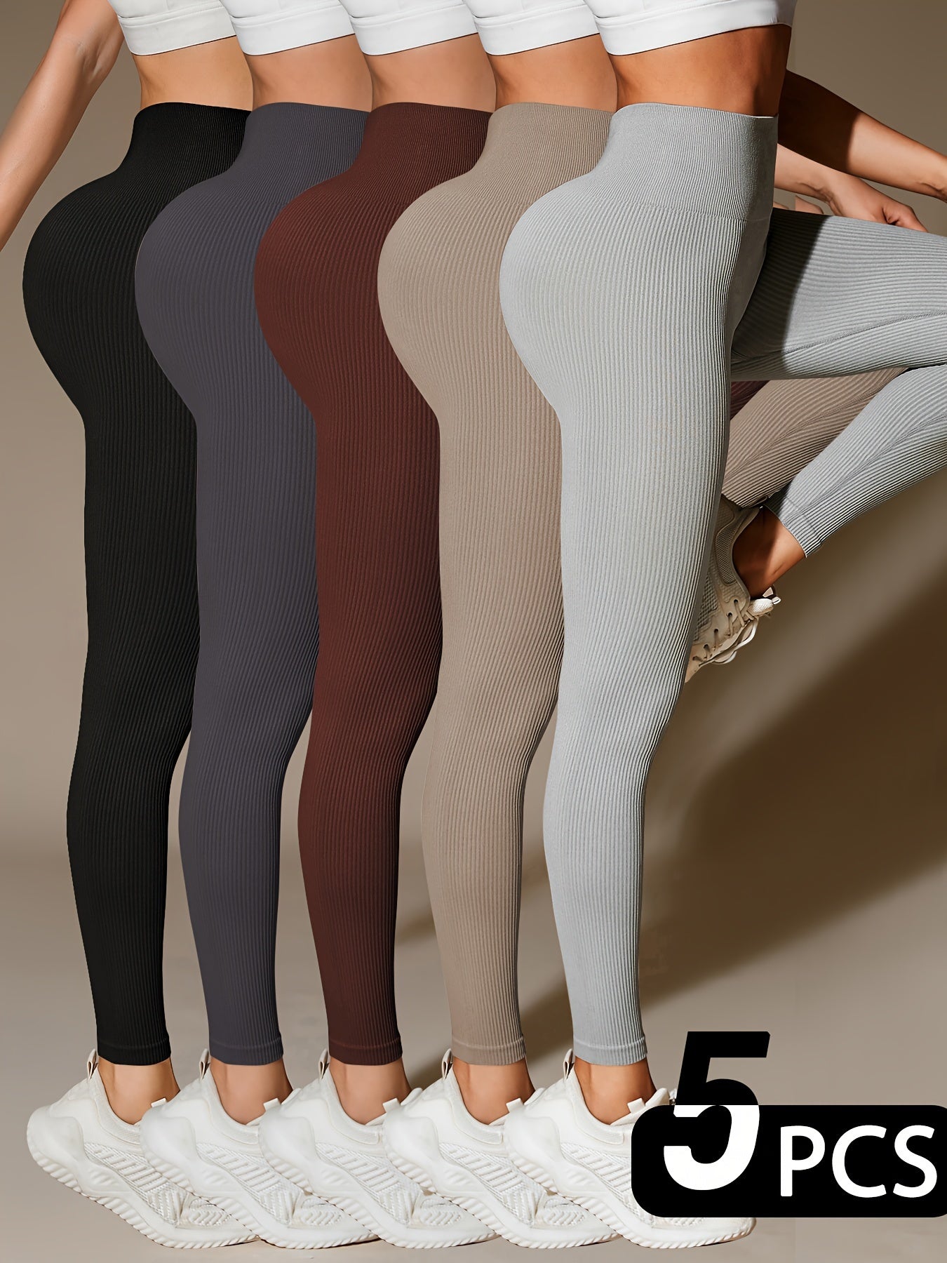 5-Pack Women'S High-Waisted Seamless Yoga Leggings, Thickened Nylon Knit, Solid Color, Stretchy, Non-Waterproof, Long Length, Basic Style with 366g/m² Inner Lining Weight for All Seasons