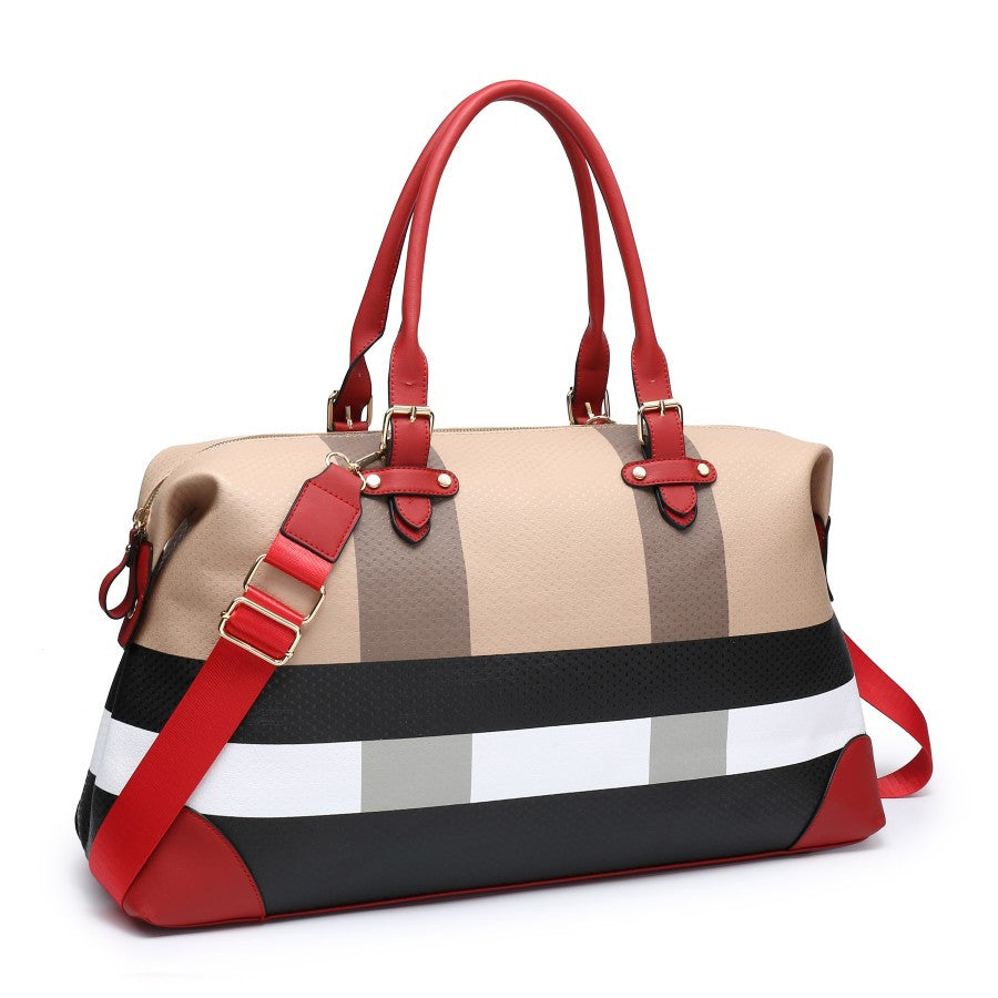 PU leather large overnight travel bag striped pattern handbag carry-on luggage bag suitable for vacation, overnight, camping, hiking, sports and fitness