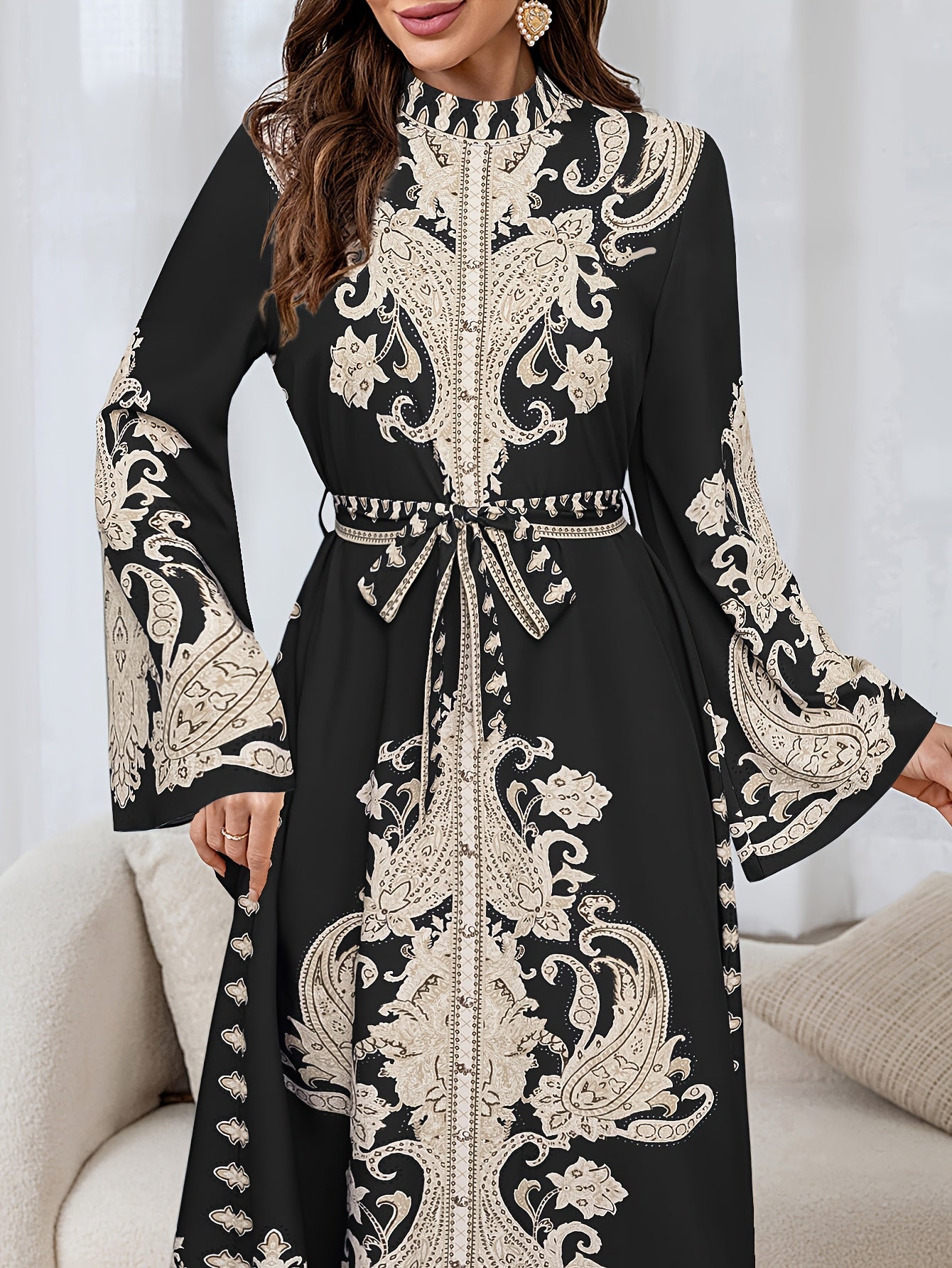 Elegant Floral Print Long Dress with Tie-Waist & Lantern Sleeves - Creamy Beige, Crew Neck, Flowing Maxi Length, Perfect for Spring/Summer/Fall, Women’s Fashion, Cute Dresses