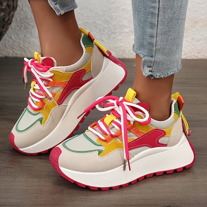 YTMLDY Women'S Fashion Sneakers - Colorful Striped Low Top Lace-Up Shoes with Thick PVC Sole, Breathable Fabric Lining, and Durable Outsole for All-Day Comfort, Casual Sneakers|Vibrant Pattern Shoes|Flexible PVC Sole
