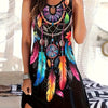Bohemian Midi Dress for Women, Colorful Print with Dreamcatcher and Ring Accents, Sleeveless Crew Neck, Polyester Knit Fabric, Regular Fit, Spring/Summer/Fall Collection