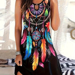 Bohemian Midi Dress for Women, Colorful Print with Dreamcatcher and Ring Accents, Sleeveless Crew Neck, Polyester Knit Fabric, Regular Fit, Spring/Summer/Fall Collection
