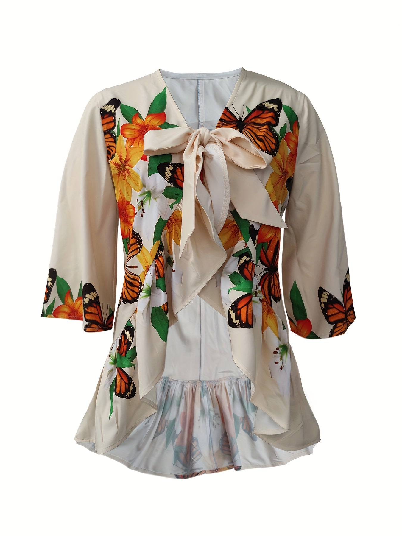 Elegant Women's Butterfly Print V-Neck Blouse - Lightweight Polyester Summer Shirt with Floral Design, Machine Washable, Perfect for Casual or Semi-Formal Occasions, Elegant Long Sleeve Button Blouses