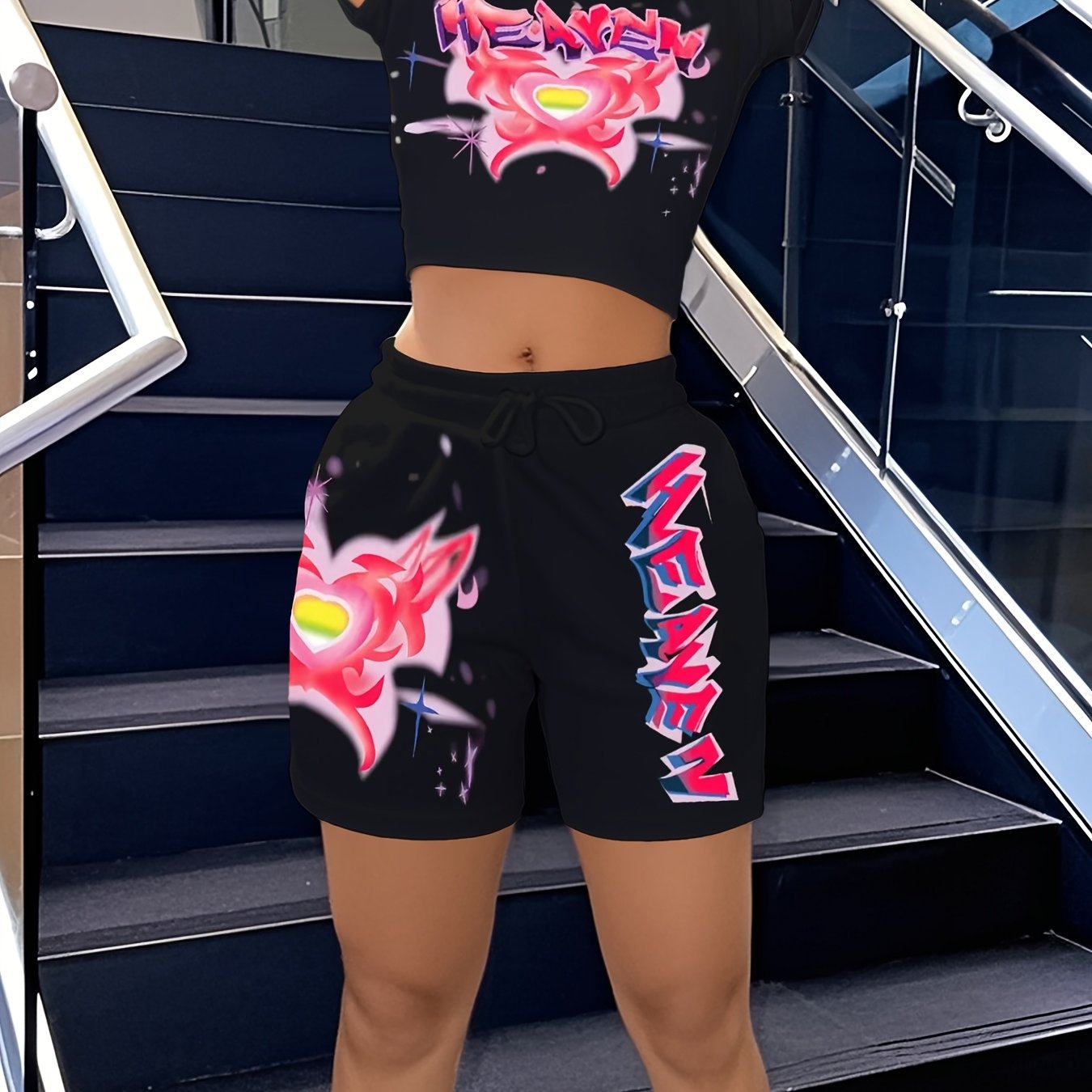 Patterned Women's Heart and Letter Print Short Sleeve Top and Waist Shorts Two-Piece Set