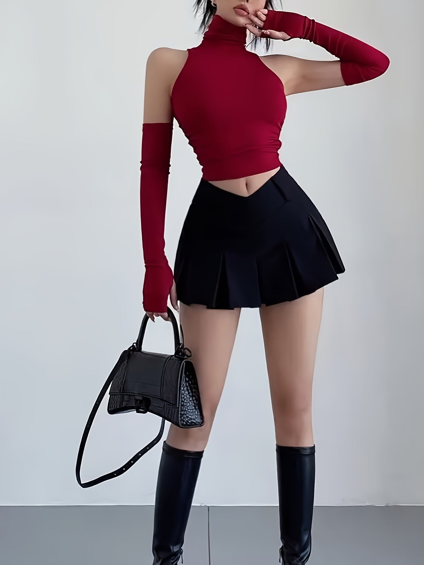 Stylish Black Pleated Mini Skirt for Women - High-Waisted, V-Leg Design, Polyester, Machine Washable, Perfect for Casual or Commuter Wear