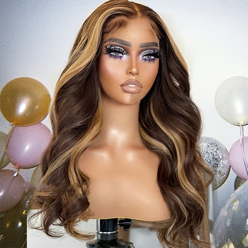 13x4 HD Lace Front Wig with Blonde & Red Highlights - Body Wave Synthetic Hair 180% Density Pre-Plucked Glueless 28 Inch Natural Look for Women All Ethnicities, Versatile Hairpiece | Elegant Hairpiece
