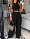 Bohemian Style Women'S Summer Two-Piece Set: Solid Color Short-Sleeve Round Neck T-Shirt And High-Waisted Wide-Leg Pants.