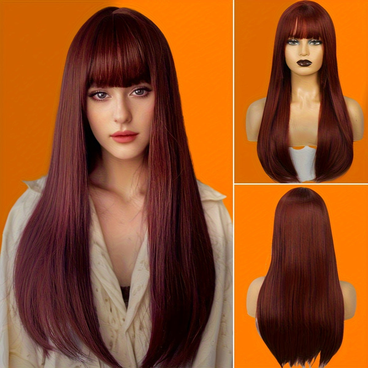 Long Natural Straight Dark Brown Wig, Blunt Bangs, Synthetic Fibers, Perfect For Daily Wear, Rose Net, 24 Inch