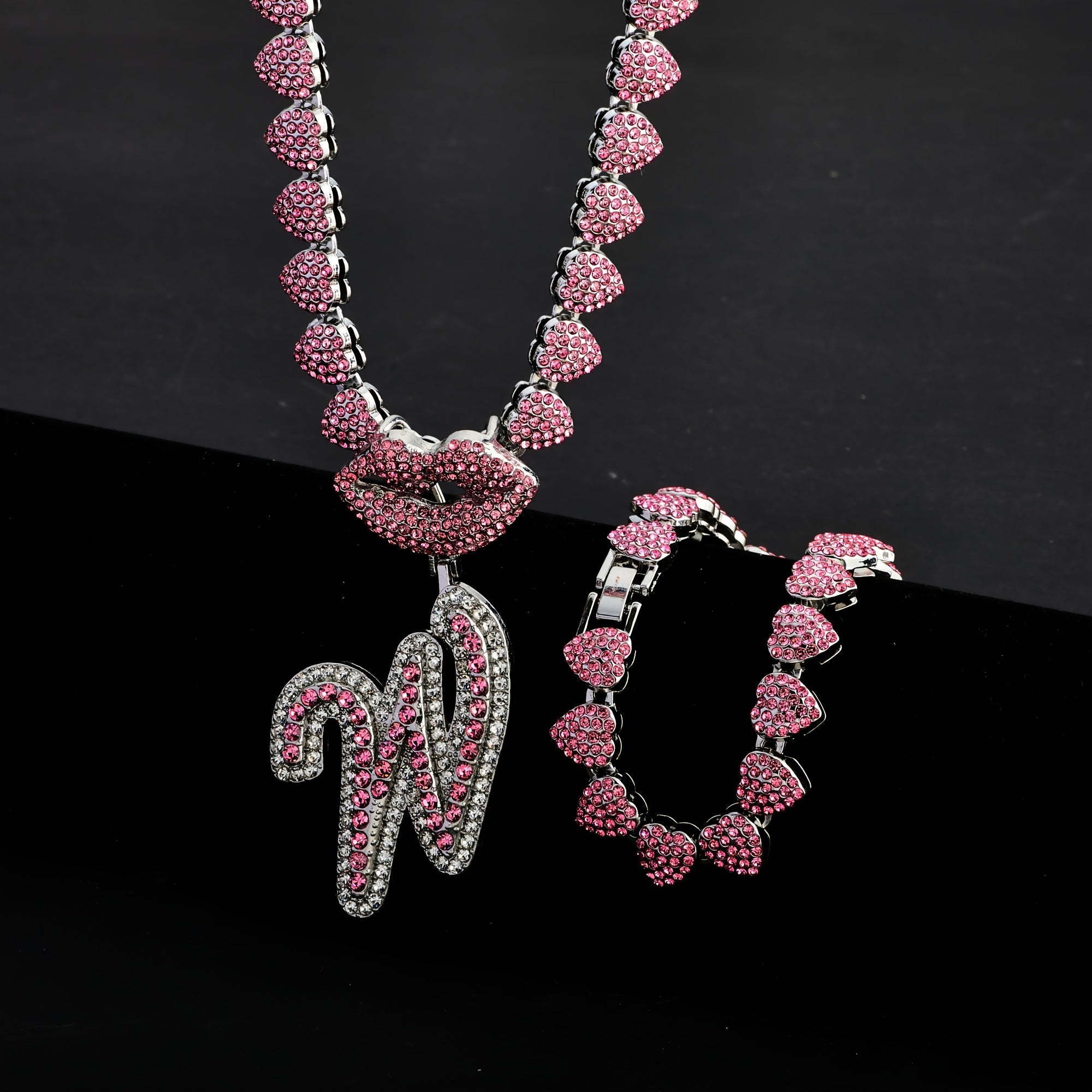 Hip Hop Y2K Style Pink Sexy Lips Pendant Necklace and Bracelet Set, A-Z Initials, Rhinestone Inlay, Zinc Alloy, Perfect for Daily Wear or Parties, Ideal Valentine's Day Gift for Men and Women, Hip Hop Jewelry