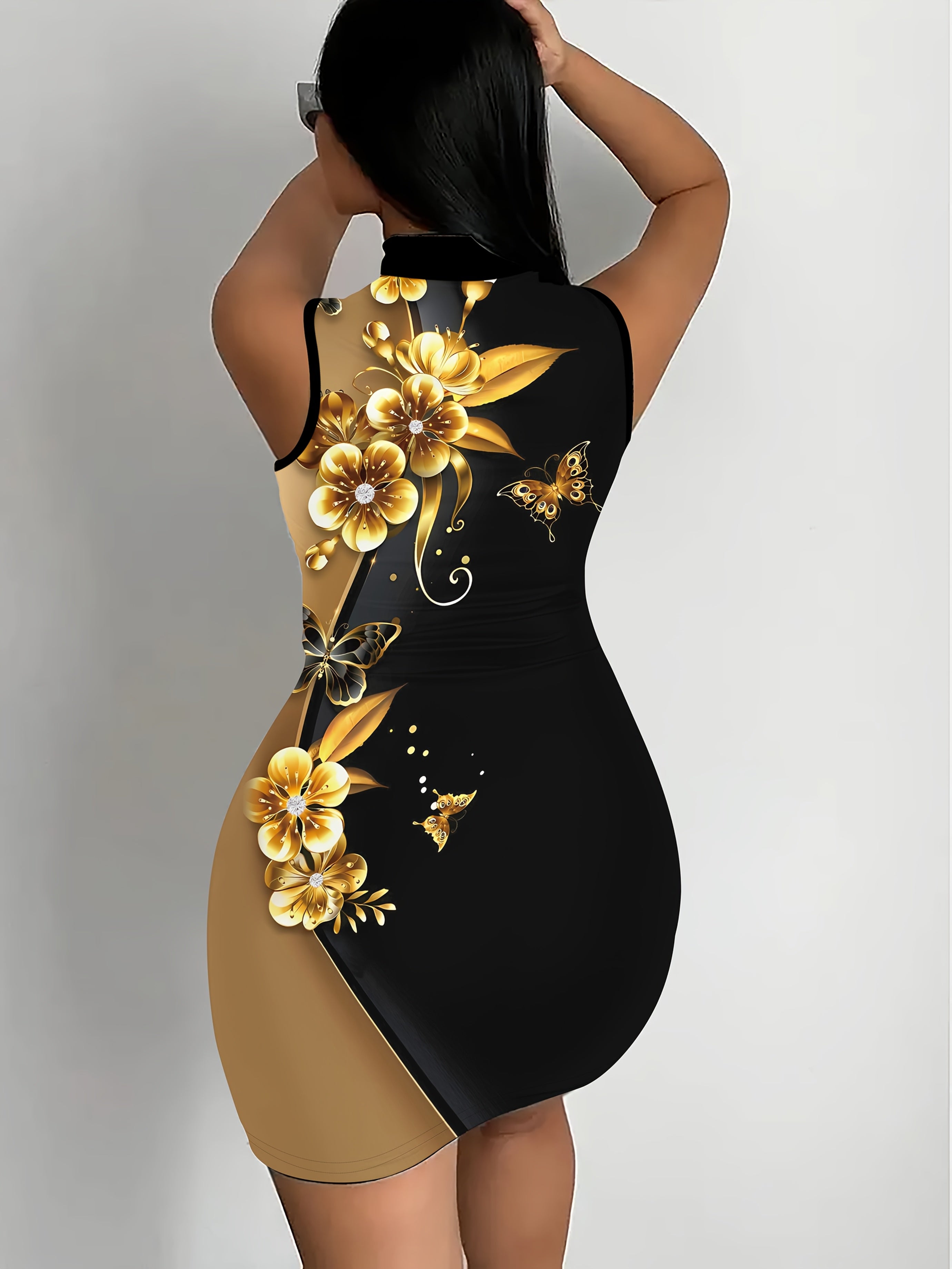 Stylish Women's Sleeveless Bodycon Dress with 3D Golden Rose & Butterfly Print, High Neckline, Stretchy Polyester & Spandex Blend, Machine Washable - Perfect for Spring & Summer