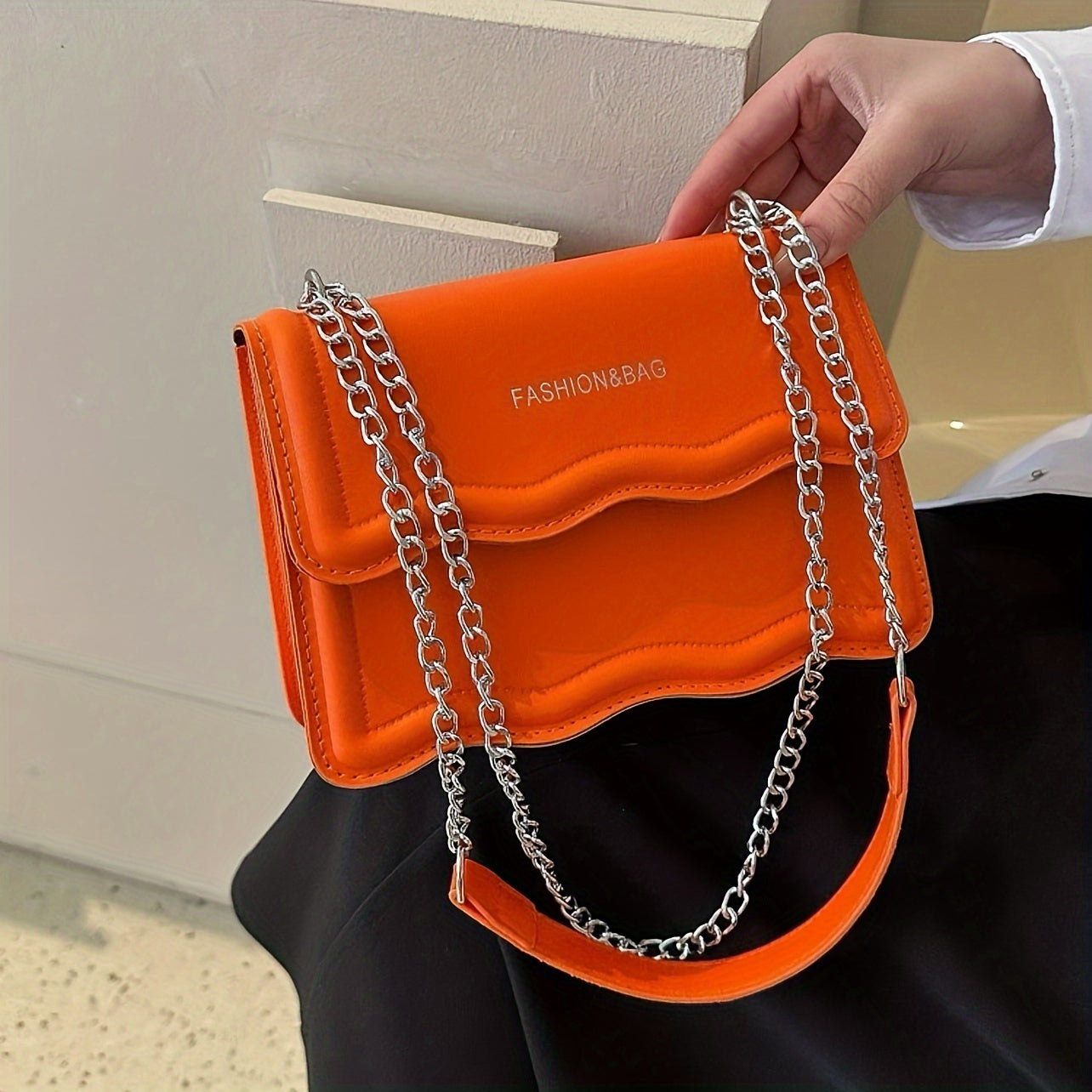 Elegant Mini Messenger Bag for Women: Magnetic Closure, Scallop Design, Chain Strap, Faux Leather Lining, Solid Color