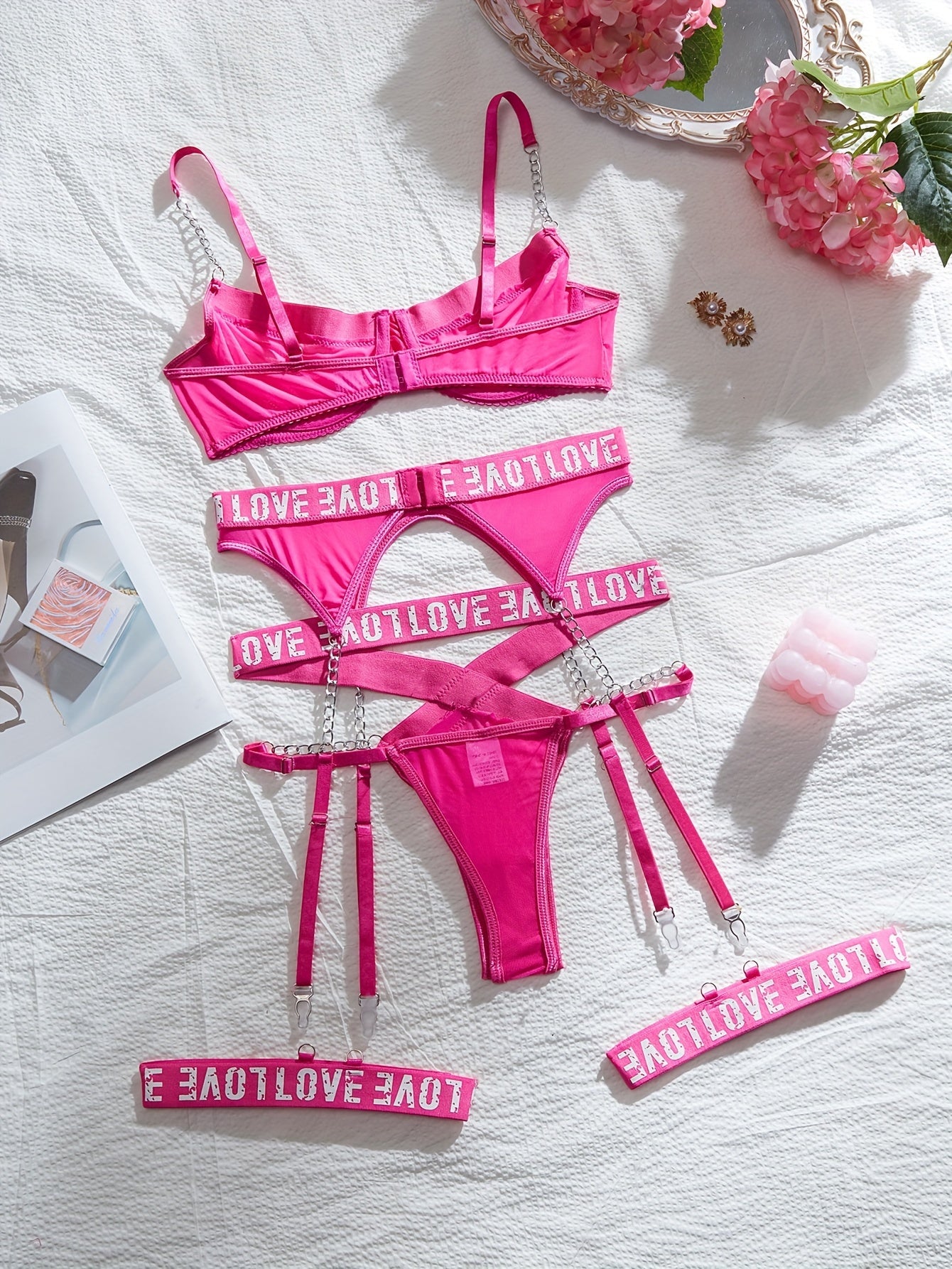 Sultry Letter Tape Chain-link Mesh Lingerie Set - Plunge Bra, Thong, and Garter Belt - Women's Sexy Underwear for Confidence Boost