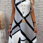 Women'S Casual Sleeveless Dress, Geographical Pattern Color Block, Crew Neck, Knit Fabric, 95% Polyester 5% Spandex, Striped All Over Print, Fit and Flare, for Spring/Summer/Fall