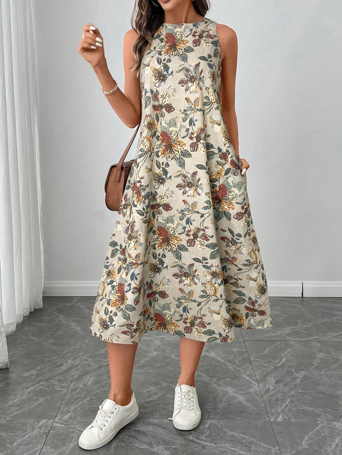 Women'S Floral Print Sleeveless A-Line Midi Dress - Casual Elegant Vacation Dress with Round Neck, White Sneakers, Brown Shoulder Bag, Perfect for Adult, Casual Attire|Floral Print Dress|Sleeveless Dress