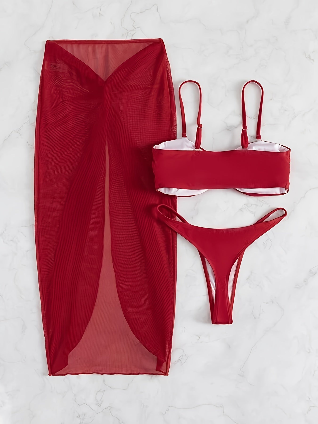 Women's 3-Piece Solid Color Bikini Set – U-Wire High Cut Thong Swimsuit with Matching Cover-Up Skirt, High-Stretch Swimwear