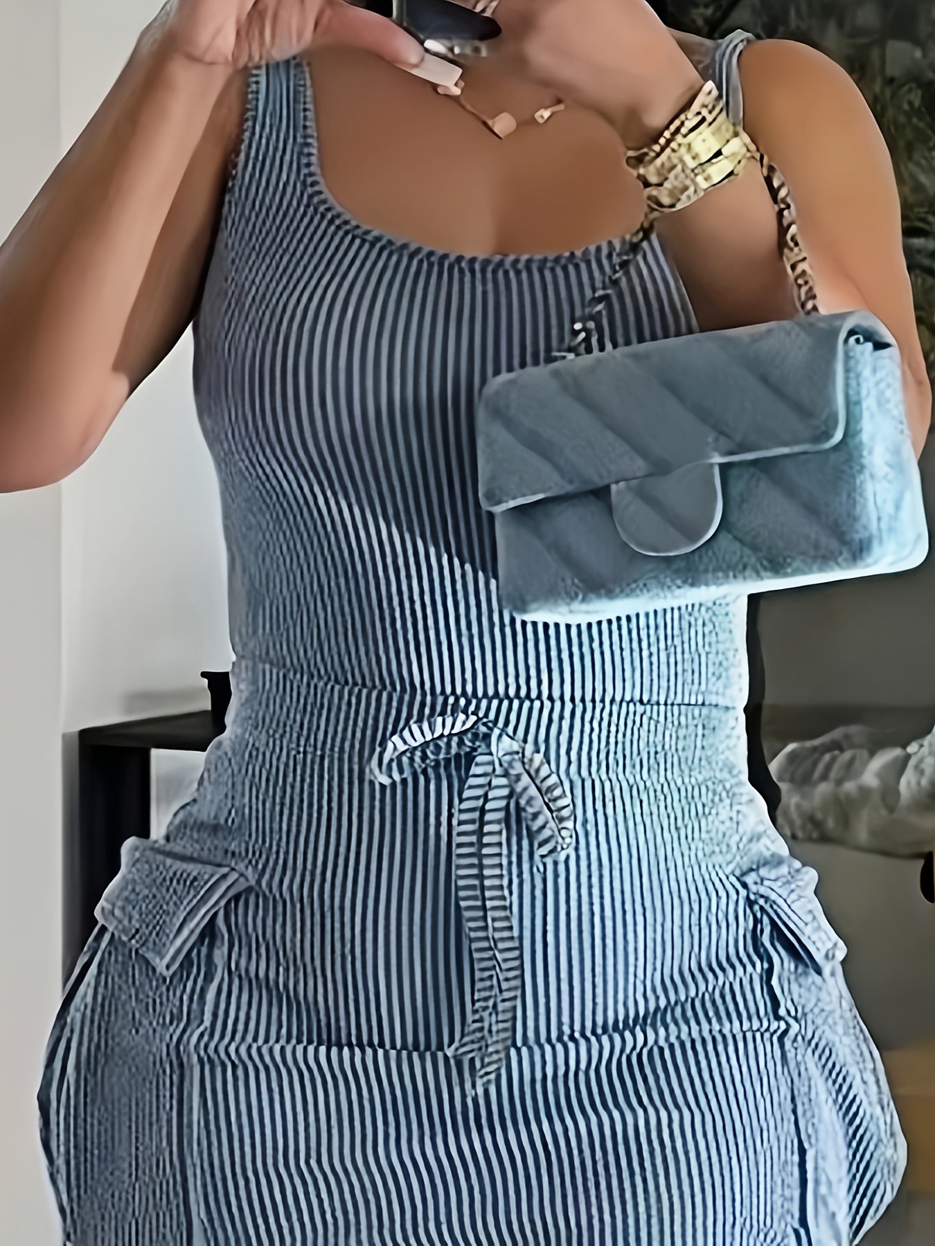 Women'S Casual Striped Mini Dress with Front Pocket - Bodycon, Wide Shoulder Straps, Perfect for Summer Clubs & Parties, Party Dress | Casual Style | Sleeveless Top, Mini Dress