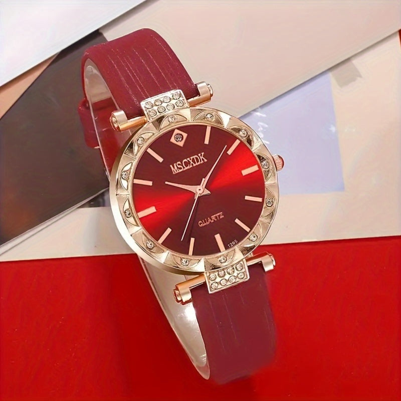 Fashionable 5-Piece Ladies Quartz Wrist Watch Set with Heart Jewelry - Round Red Dial PU Leather Band Zinc Alloy Case Non- Analog Watches with Matching Necklace, Ring, and Earrings