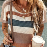 Women'S Casual Patchwork Knit Sweater - Short Sleeve Crew Neck, Color Block Design with Black, White, and Brown Stripes, Perfect for Spring & Fall, Ladies Sweaters