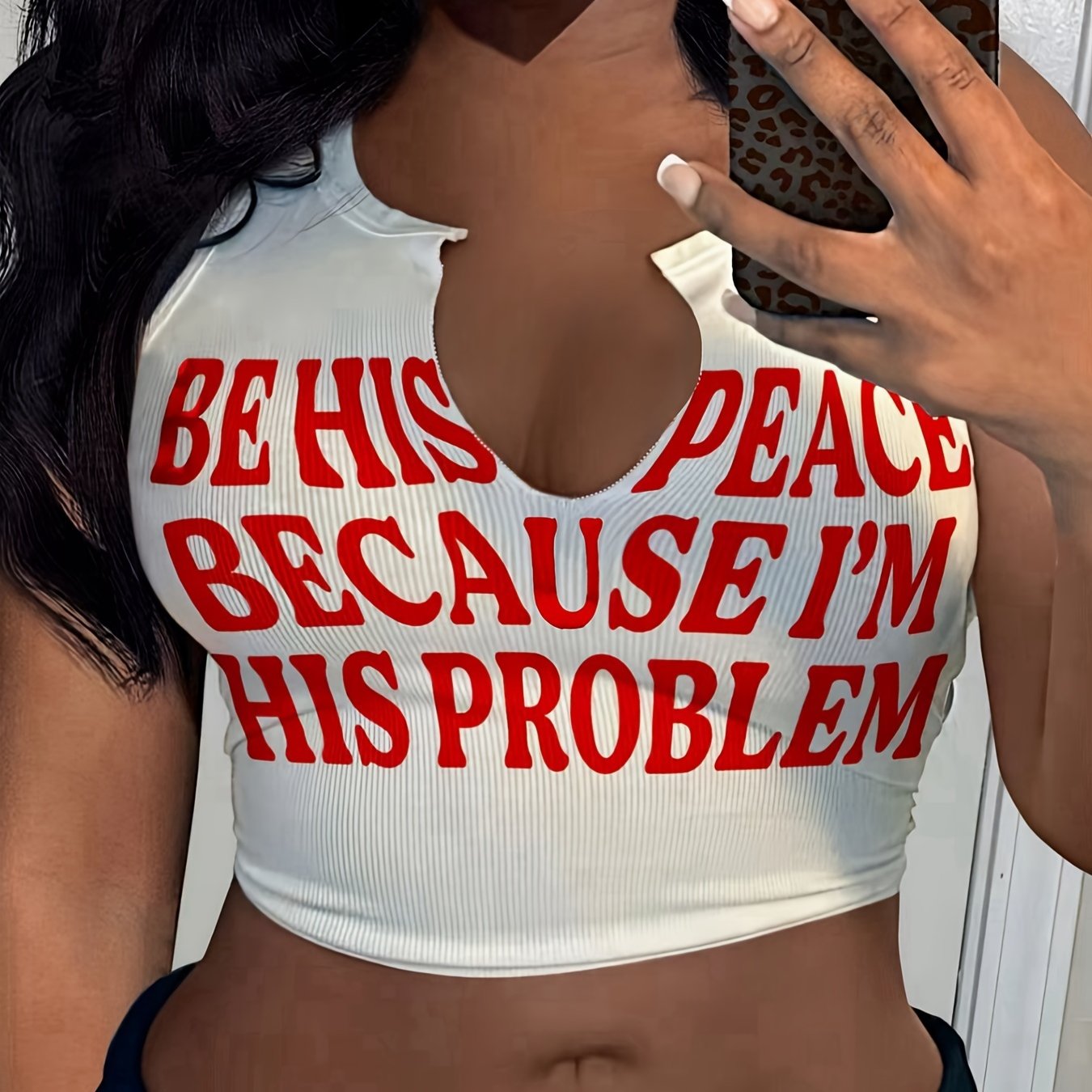 Letter Print Notched Neck Tank Top, Casual Sleeveless Crop Top For Spring & Summer, Women's Clothing