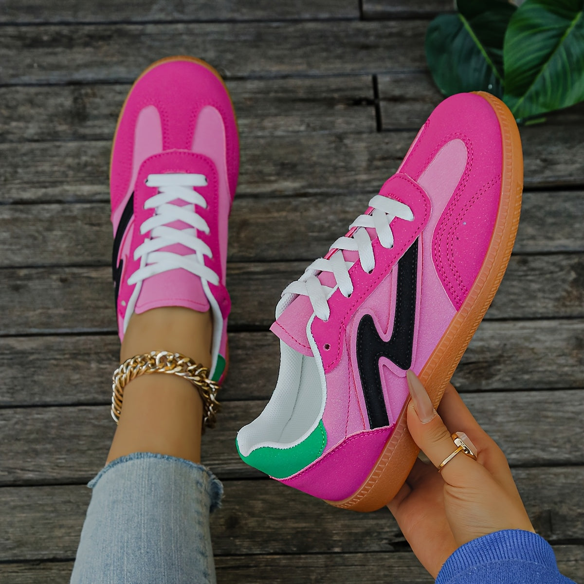 Women's Lightweight Slip-Resistant Casual Sneakers - Vibrant Pink & Black Synthetic Cover Low-Top Shoes with TPR Sole, Breathable Fabric Lining & All-Season Comfort for Casual Attire, Allseason Shoes | Sporty Look | Breathabl