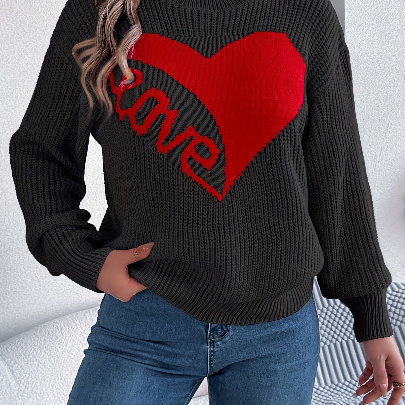 Cozy Love Heart Long Sleeve Pullover Sweater - Casual Vacation Style, 100% Acrylic, Round Neck, Non-Transparent with Geometric/Letter Pattern, Perfect for Fall/Winter